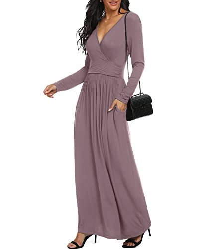 LILBETTER Women Long Sleeve Deep V Neck Loose Plain Long Maxi Casual Dress - color: Mauve, size: Large