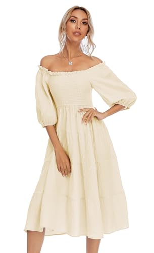 R.Vivimos Women's Cotton Off-Shoulder A-Line Midi Dresses - color: Beige, size: Small