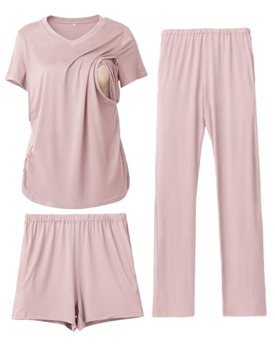 Rnxrbb 3 Piece Maternity Nursing Pajamas Set for Women Postpartum Pjs - color: Dusty Pink, size: X-Large