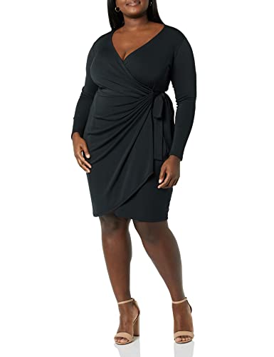 Amazon Essentials Women's Long Sleeve Classic Wrap Dress, V Neck, Pleated, Midweight Fabric (Available in Plus Size) - color: Black, size: Medium