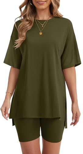 RUBZOOF Women 2 Piece Lounge Sets Summer Outfits Shorts Set - color: Army Green, size: Medium