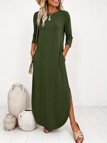 ANRABESS Women’s Air Layer 3/4 Sleeve Fall Maxi Dress & Pockets - color: Army Green, size: XX-Large