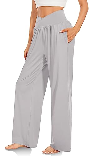 TARSE Womens Wide Leg Casual Loose Pants Yoga Sweatpants - color: Light Gray, size: Medium