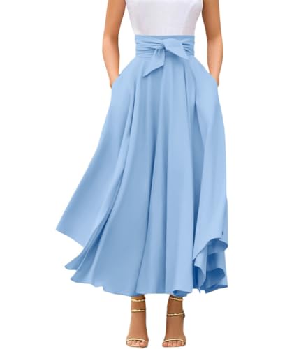 chouyatou Women's Elegant High Waisted Side Slit Irregular Bohemian Maxi Skirt with Pockets - color: Light Blue, size: Medium