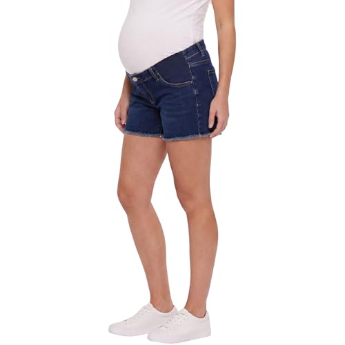 Motherhood Maternity Women's Under the Belly Cutoff Denim Pregnancy Shorts with Side Elastic Panel Insets - color: Dark Wash, size: Medium