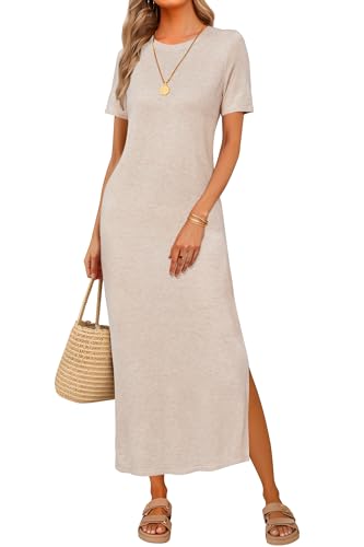 Arach&Cloz Women's Wool Blend Fall Business Casual T Shirts Maxi Dress - color: Apricot, size: Small