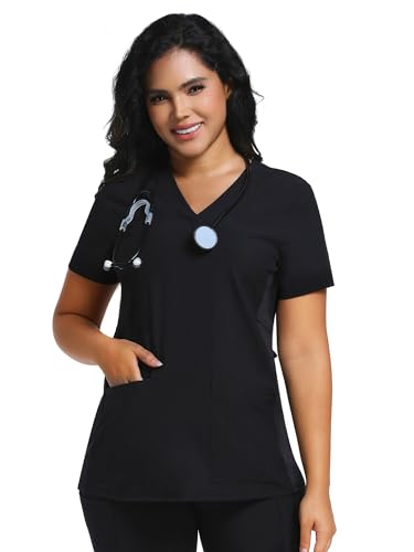 COZYFIT Maternity Scrub Top, V-Neck Pregnancy Shirt with 2 Pockets - color: Black, size: Small