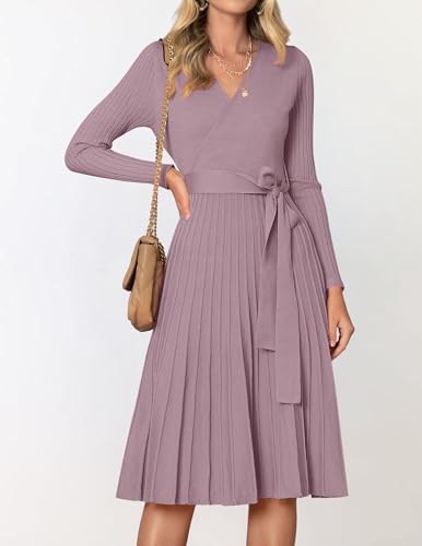 ZESICA Women's Long Sleeve Wrap Sweater Midi Dress with Belt - color: Darkviolet, size: X-Large