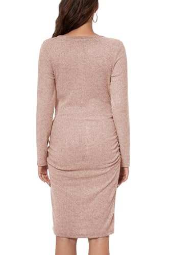 Smallshow Women's Knit Maternity Dress Long Sleeve Pregnancy Clothes - color: Brown, size: Large