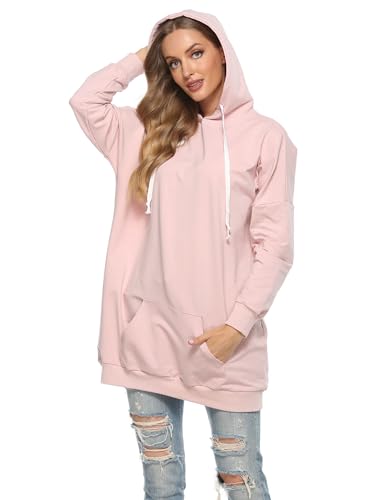 Famulily Womens Oversized Hoodie Extra Long Hooded Tunic Sweatshirt with Pockets - color: Pink, size: Medium