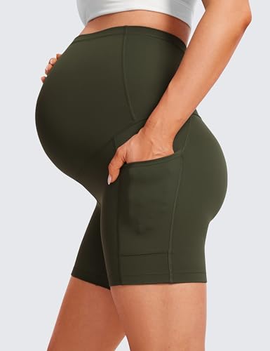 CRZ YOGA Maternity Biker Shorts Pockets 5" - color: Olive Green, size: Small
