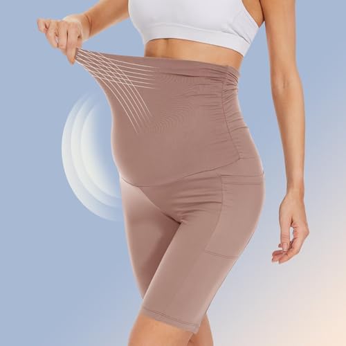 Happy.angel 2 Pack Maternity Shorts Over Belly, Black High Waisted 8" Pregnancy Workout Biker with Pockets,Wheat/Rosy Brown,Small