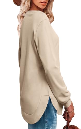 OFEEFAN Womens Sweatshirt Crewneck Long Sleeve Shirts High Low Tops Curved Hem - color: C-khaki, size: Medium