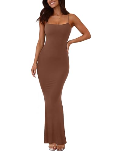 REORIA Women's Basic Sexy Lounge Slip Long Dress Elegant Sleeveless Backless Ribbed Bodycon Maxi Dresses - color: Coffee, size: Small