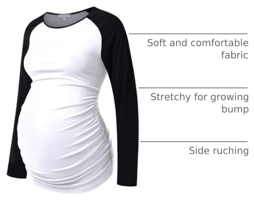 Maternity Shirt Long Sleeve Basic Top Ruch Sides Bodycon Tshirt for Pregnant Women - color: Black and White, size: Medium