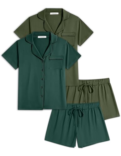 Ekouaer Womens Pajamas Set 2 Pack Button Down Summer Short Sleeve Pjs S-XXL - color: Deep Green/Army Green, size: XX-Large