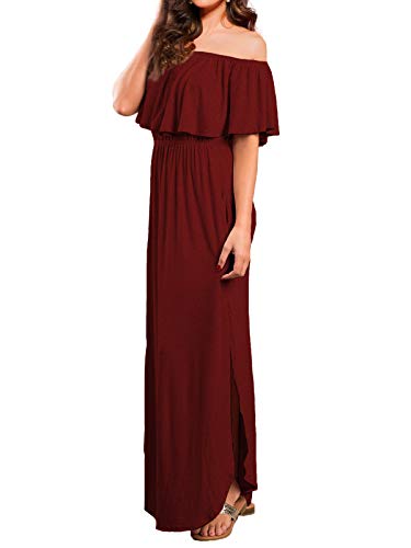 VERABENDI Women's Off Shoulder Summer Casual Long Ruffle Beach Maxi Dress with Pockets - color: Burgundy, size: Medium