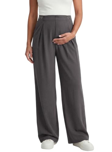 BLENCOT Maternity Pants Work Waffle Knit Wide Leg Pregnancy Trousers - color: Carbon Grey, size: Small