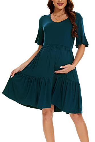 Smallshow Women's Maternity Dress Ruffle Short Sleeve Pregnancy Clothes - color: Teal, size: Small