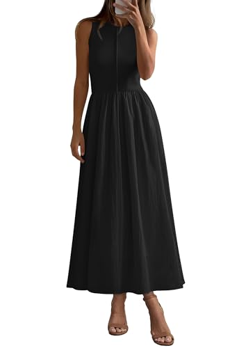 PRETTYGARDEN Pleated Maxi Dresses for Women with Pockets - color: Black, size: Large