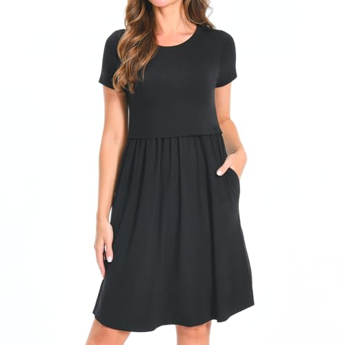 Bearsland Women's Short Sleeves Maternity Dress Nursing Breastfeeding Dresses with Pockets - color: Black, size: Medium