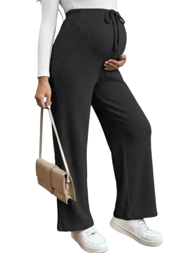 BLENCOT Maternity Pants Casual Stretchy Wide Leg Pregnancy Trousers - color: Black, size: Small