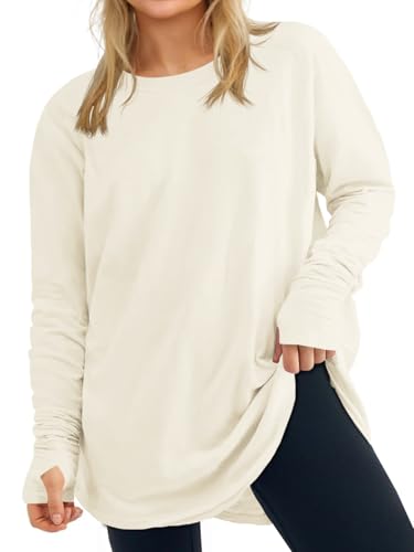 Womens Plus Size Long Sleeve Tunic Tops Crew Neck Oversized Fit T Shirts - color: Beige, size: 5X-Large