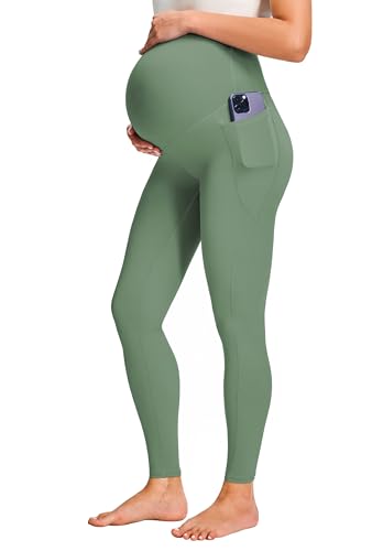 JOYSPELS Smooth Feeling Maternity Workout Leggings with Pockets Pregnancy Pants Over The Belly - color: Greyish Green, size: Small
