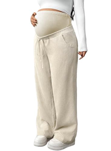 BLENCOT Maternity Pants Over Belly Wide Leg Pregnancy Casual Sweatpants - color: Beige, size: X-Large