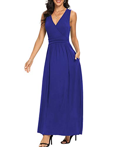 LILBETTER Women Sleeveless Deep V Neck Loose Plain Long Maxi Casual Dress - color: 01 Royal Blue, size: Small