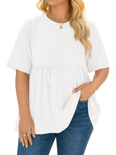 Beautife Womens Plus Size Babydoll Tops Summer Peplum Flowy Tunic Blouses - color: White, size: XX-Large Plus