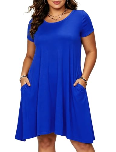 Afibi Womens Short Sleeve Loose Pockets Dress Casual Swing T-Shirt Dresses - color: Blue, size: XX-Large