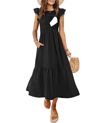 CzzzyL Women's Nursing Dress Flutter Sleeve Crew Neck Smocked Midi Pockets - color: Black, size: Large