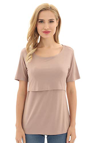 Bearsland Women's 3 Packs Maternity Nursing Tops Short Sleeve Breastfeeding Shirts - color: Blkwitstripe+green+brown(3pcs), size: Medium