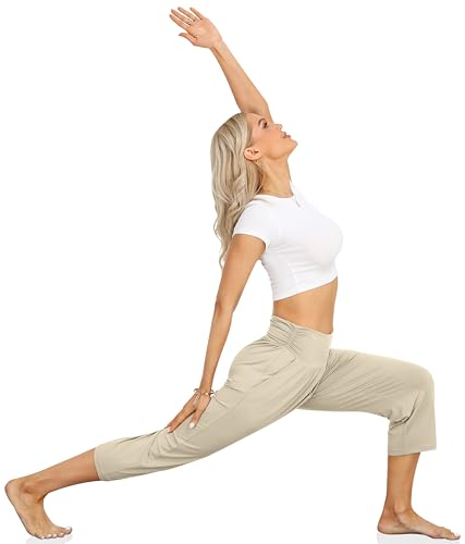 UEU Women's Yoga Capri Pants Loose Soft Drawstring Workout Sweatpants - color: Cream, size: Small