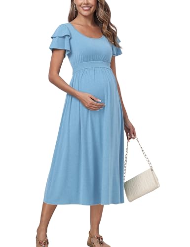 Ruffle Short Sleeve Maternity Dress High Waisted Midi Baby Shower Dresses - color: Light Blue, size: Large