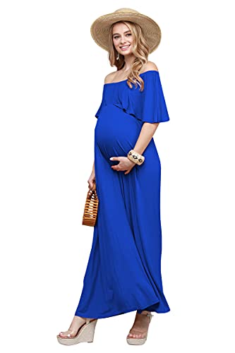 My Bump Women's Ruffle Off The Shoulder Maxi Maternity Dress-Made in USA - color: Royal Solid, size: Medium