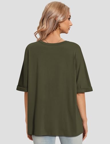 UEU Women's Oversized Crewneck T-Shirt Casual Loose Tunic Tops - color: Army Green, size: Medium