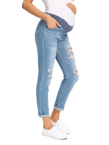Foucome Women's Maternity Jeans Stretch Ripped Boyfriend Jeans - color: 066# - Blue, size: Large