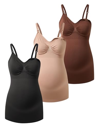 HOFISH Multi‑Pack Maternity Nursing Tank Tops with Clip‑Down Shelf Bra - color: Black/Latte/Chocolate Brown, size: X-Large