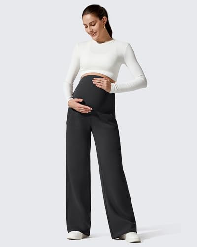 G4Free Flurrylux Fleece Lined Maternity Wide Leg Pants Pregnancy Sweatpants - color: Black, size: Medium