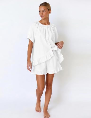 Kissonic Womens Pajamas Set 2 Piece Cotton Ruffle Summer Shorts Sets - color: White, size: Medium