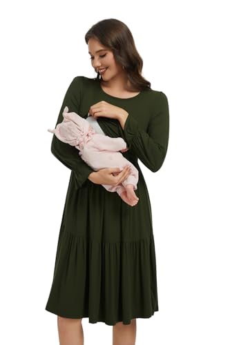Smallshow Women's Ruffle Maternity Nursing Dress Long Sleeve - color: Army Green, size: XX-Large