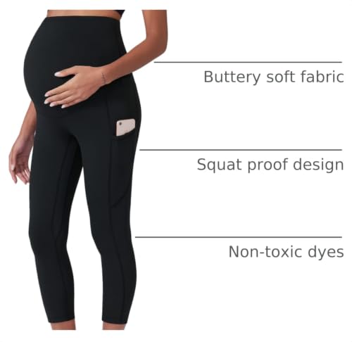 POSHDIVAH Maternity Workout Leggings Pregnancy Yoga Pants Pockets - color: Capri Black, size: Medium