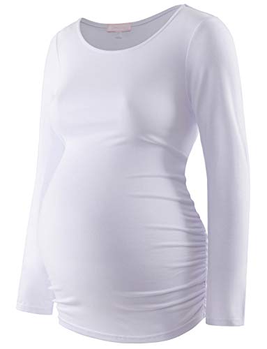 Maternity Shirt Long Sleeve Basic Top Ruch Sides Bodycon Tshirt for Pregnant Women - color: White, size: XX-Large