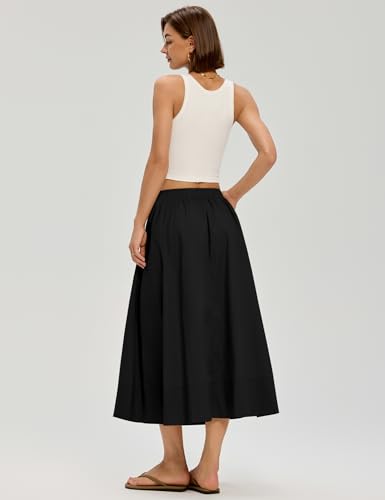 LOMON Midi Skirts for Women with Pockets A-Line Cotton Flowy Elastic Waist - color: Black, size: Small