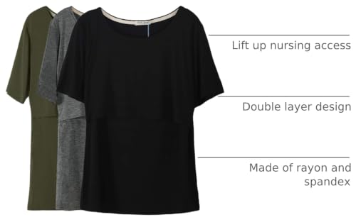 Smallshow Women's Maternity Nursing Tops Short Sleeve Breastfeeding Clothes - color: Army Green-black-dim Grey(3 Pack), size: Medium
