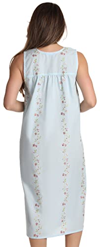 Dreamcrest Women's Sleeveless Nightgown, Floral Embroidered Cotton Blend Waltz Sleep Dress with Button Front - color: Blue, size: Medium