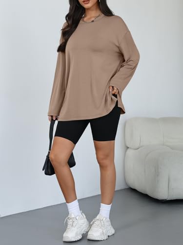Trendy Queen Womens Oversized Side Slit Long Sleeve Shirts Fall Tops - color: Khaki, size: Large