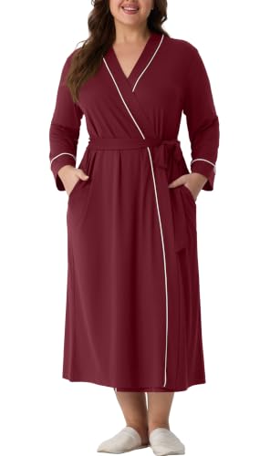 OLRIK Womens Plus Size Robe Long Knit Bathrobe V Neck Loungewear - color: Wine Red, size: 3X